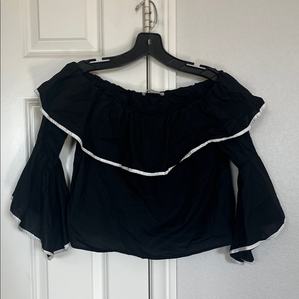 Iris Black Off-Shoulder Blouse with White Trim